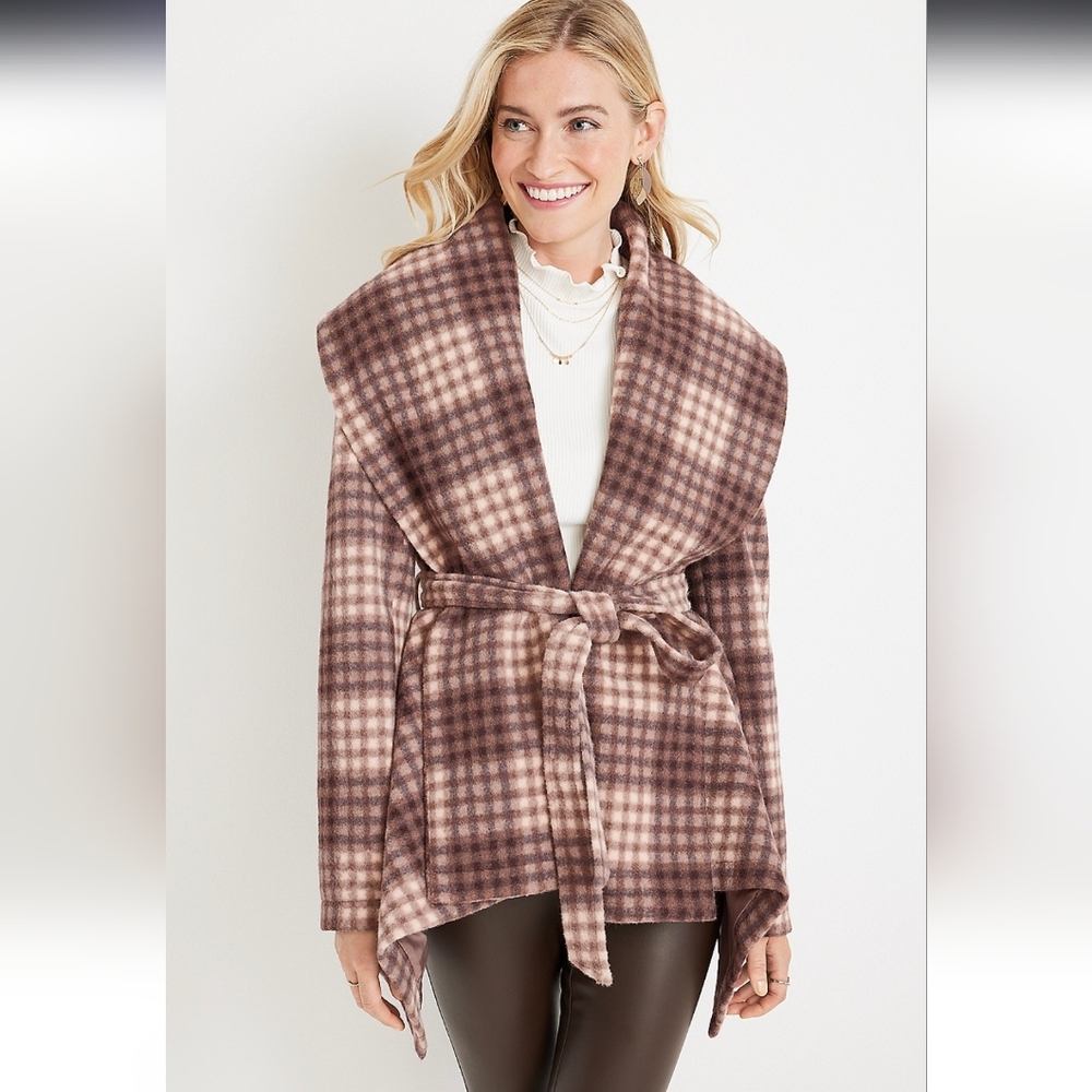 NWT - Maurices Brown Plaid Belted Wrap Coat